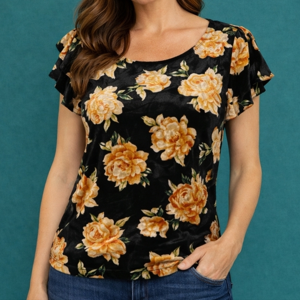 A.N.A. Black Floral Velour Butterfly Sleeve Scoop Neck Fairycore Blouse